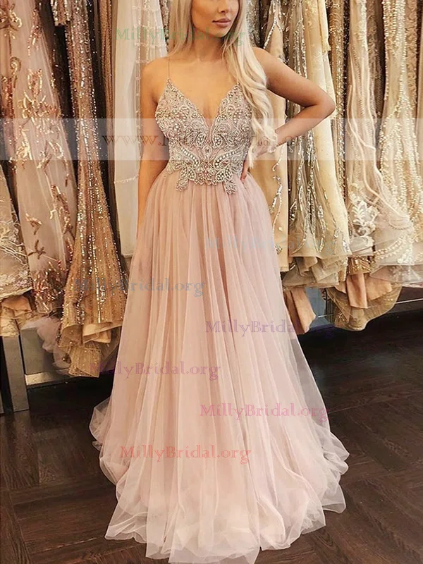 A-line V-neck Tulle Floor-length Prom Dresses With Appliques Lace #Milly020112047
