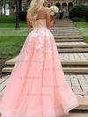 Princess Scoop Neck Tulle Sweep Train Prom Dresses With Appliques Lace #Milly020112048