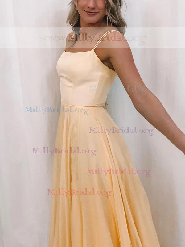 A-line Square Neckline Silk-like Satin Sweep Train Prom Dresses #Milly020112049