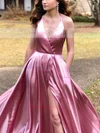 A-line V-neck Silk-like Satin Floor-length Prom Dresses With Split Front #Milly020112051