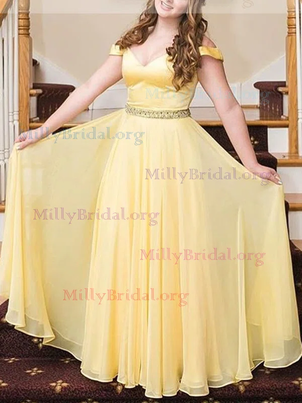 A-line Off-the-shoulder Chiffon Floor-length Prom Dresses With Sashes / Ribbons #Milly020112082