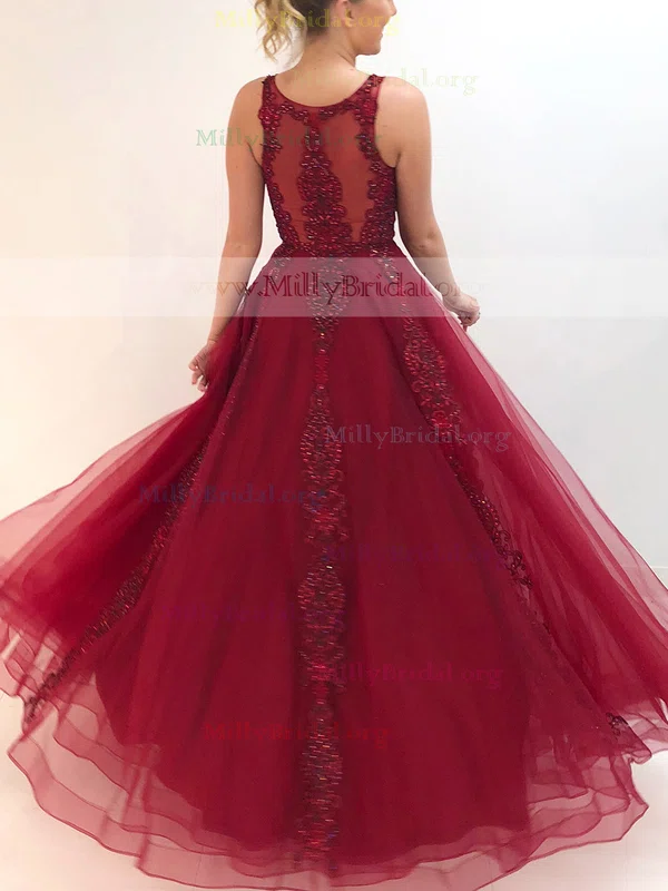 A-line Scoop Neck Tulle Floor-length Prom Dresses With Appliques Lace #Milly020112085