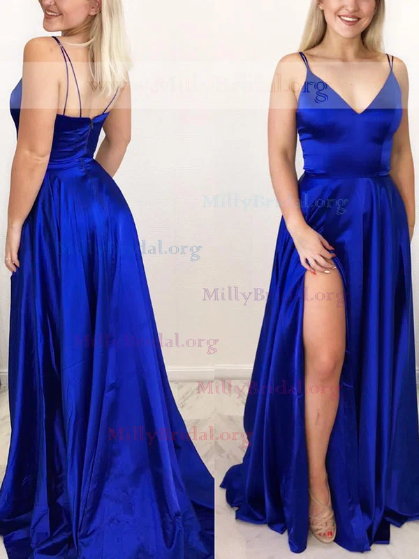 A-line V-neck Silk-like Satin Sweep Train Prom Dresses With Split Front #Milly020112090
