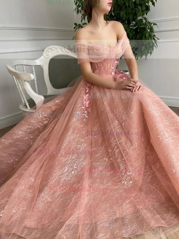 A-line Off-the-shoulder Tulle Sequined Sweep Train Prom Dresses With Flower(s) #Milly020112097