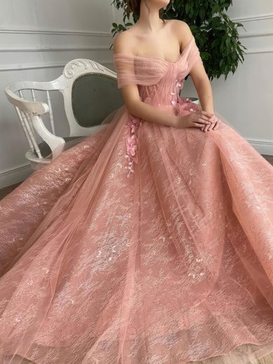 A-line Off-the-shoulder Tulle Sequined Sweep Train Prom Dresses With Pockets #Milly020112097