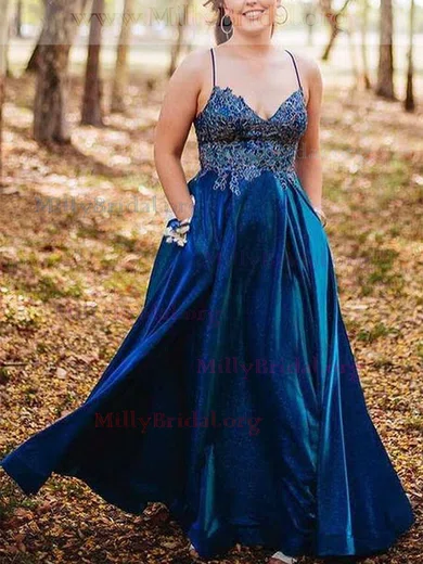 A-line V-neck Glitter Floor-length Prom Dresses With Appliques #Milly020112102