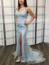 Trumpet/Mermaid V-neck Tulle Sweep Train Prom Dresses With Split Front #Milly020112111