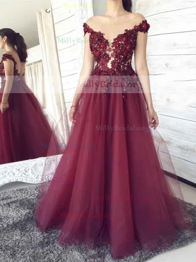 A-line Off-the-shoulder Tulle Sweep Train Prom Dresses With Flower(s) #Milly020112114