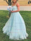 Princess V-neck Sequined Sweep Train Prom Dresses With Appliques Lace #Milly020112118