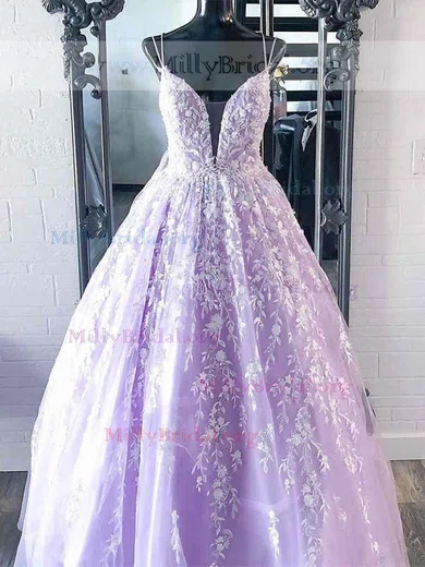 Ball Gown V-neck Tulle Prom Dresses With Appliques #Milly020112122