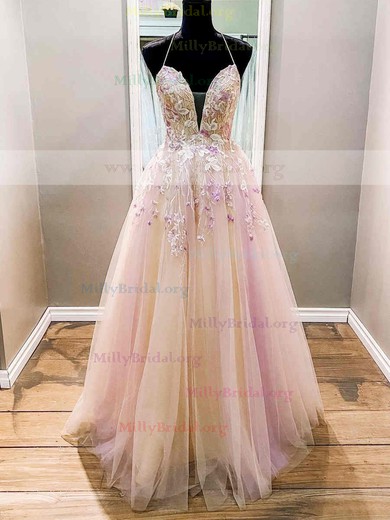 Ball Gown V-neck Tulle Floor-length Appliques Lace Prom Dresses #Milly020112124