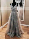 Ball Gown V-neck Lace Tulle Floor-length Appliques Lace Prom Dresses #Milly020112125