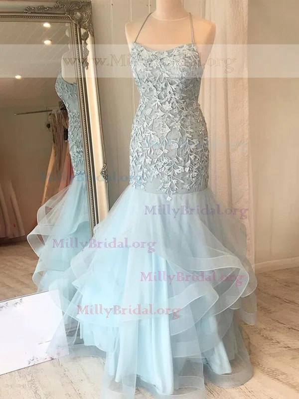 Trumpet/Mermaid Scoop Neck Tulle Floor-length Prom Dresses With Appliques Lace #Milly020112129