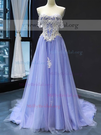 Ball Gown Off-the-shoulder Tulle Sweep Train Appliques Lace Prom Dresses #Milly020112131