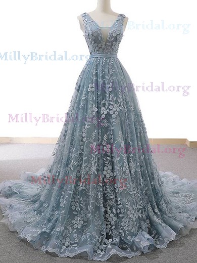 Ball Gown V-neck Lace Court Train Prom Dresses With Sashes / Ribbons #Milly020112132