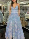 A-line V-neck Sequined Sweep Train Prom Dresses With Pockets #Milly020112136