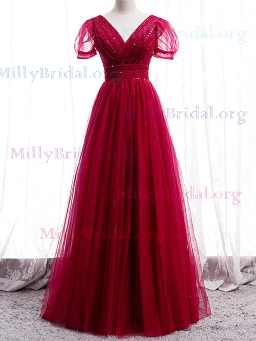A-line V-neck Tulle Floor-length Prom Dresses With Sashes / Ribbons #Milly020112137
