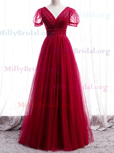 Ball Gown V-neck Floor-length Tulle Prom Dresses With Ruched #Milly020112137