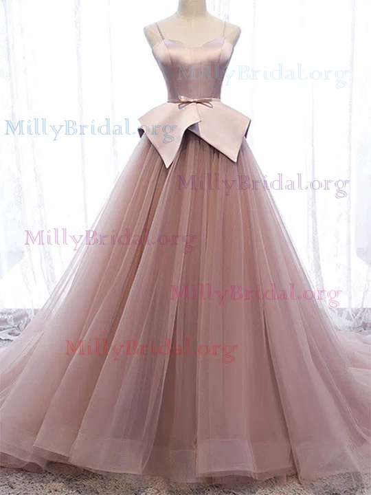 Princess Sweetheart Tulle Sweep Train Prom Dresses With Sashes / Ribbons #Milly020112141