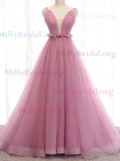 Princess V-neck Tulle Court Train Prom Dresses With Sashes / Ribbons #Milly020112142