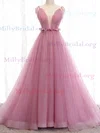 Princess V-neck Tulle Court Train Prom Dresses With Sashes / Ribbons #Milly020112142
