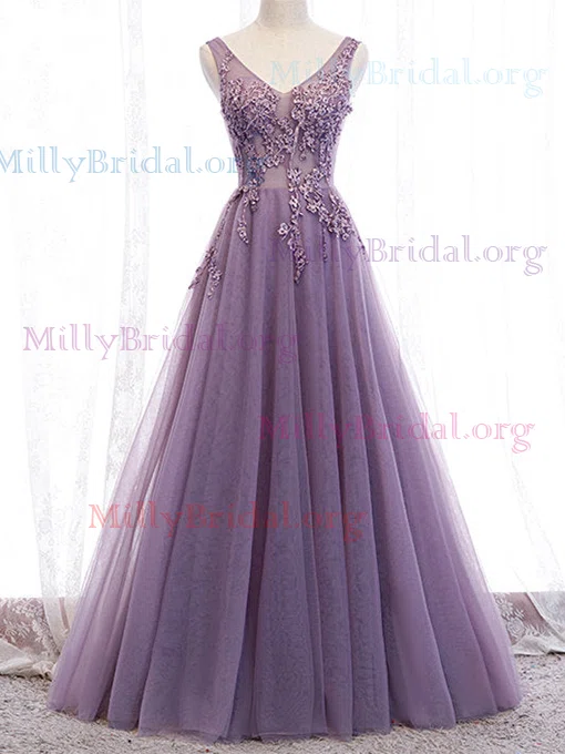 Princess V-neck Tulle Floor-length Prom Dresses With Appliques Lace #Milly020112143