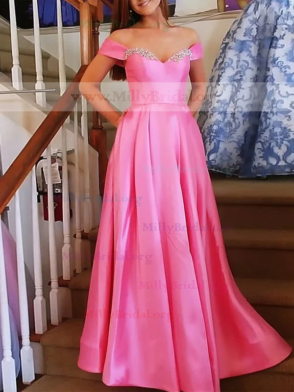 A-line Off-the-shoulder Satin Floor-length Prom Dresses With Pockets #Milly020112145