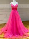 Ball Gown V-neck Tulle Sweep Train Ruffles Prom Dresses #Milly020112146