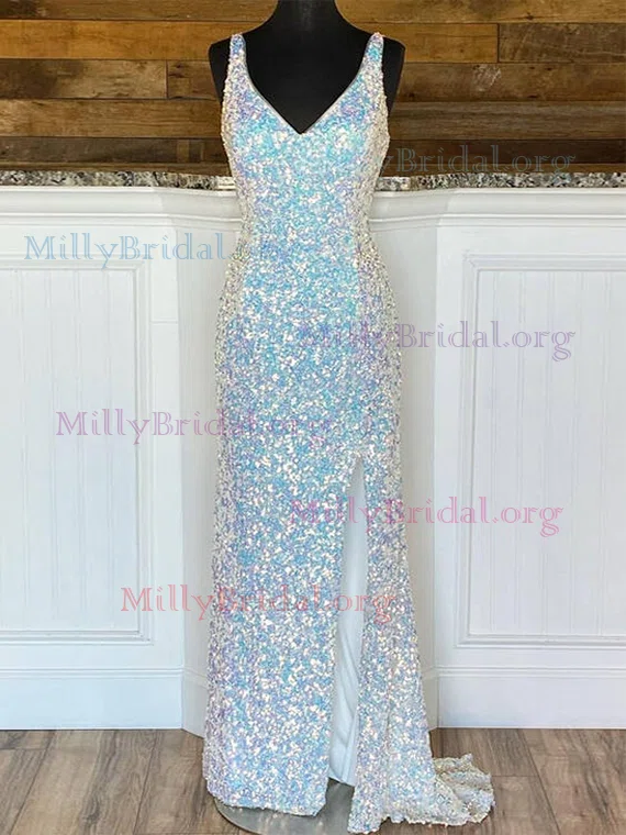 Sheath/Column V-neck Sequined Sweep Train Split Front Prom Dresses #Milly020112149