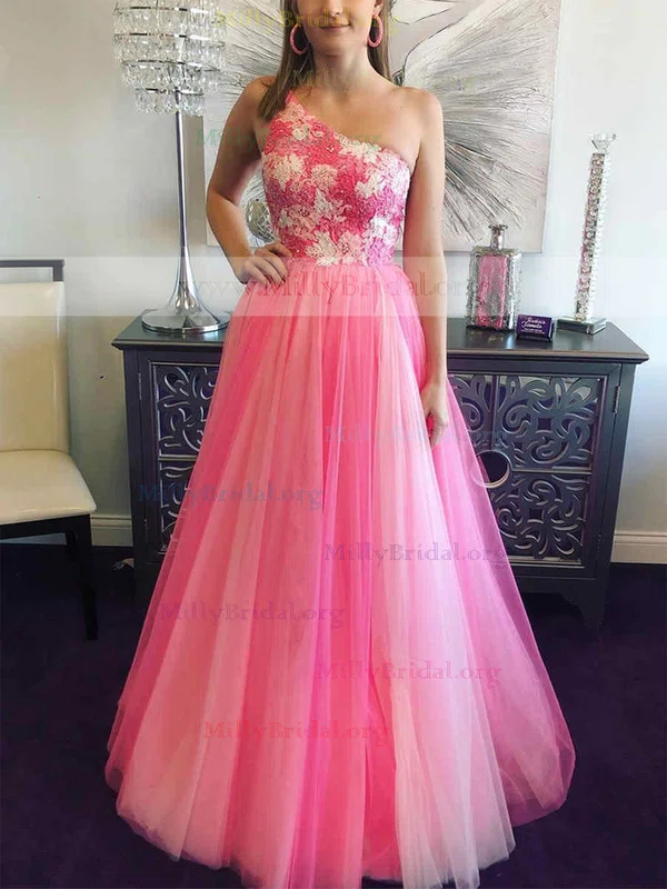 A-line One Shoulder Tulle Floor-length Prom Dresses With Appliques Lace #Milly020112156