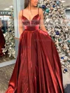 A-line V-neck Satin Sweep Train Prom Dresses With Pockets #Milly020112157