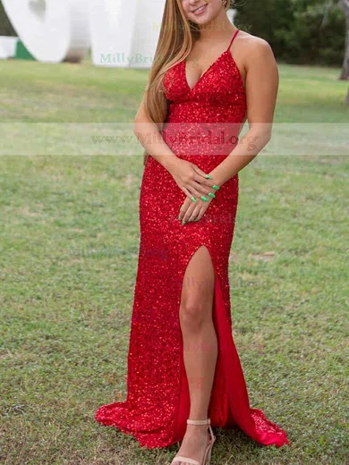 Sheath/Column V-neck Sequined Sweep Train Prom Dresses With Split Front #Milly020112160