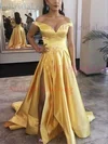 A-line Off-the-shoulder Satin Sweep Train Prom Dresses With Split Front #Milly020112183
