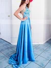 A-line V-neck Silk-like Satin Sweep Train Prom Dresses With Appliques Lace #Milly020112187