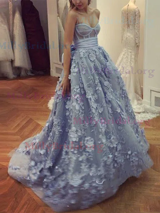 Ball Gown Sweetheart Tulle Sweep Train Prom Dresses With Bow|Flower(s) #Milly020112192