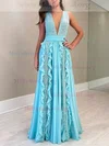 A-line V-neck Lace Chiffon Floor-length Prom Dresses With Cascading Ruffles #Milly020112193
