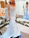 Trumpet/Mermaid V-neck Jersey Sweep Train Prom Dresses With Appliques Lace #Milly020112194
