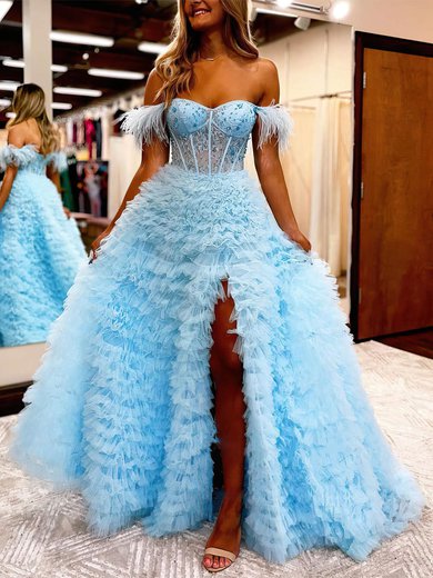 Ball Gown Off-the-shoulder Tulle Tiered Prom Dresses With Feather #Milly020112196