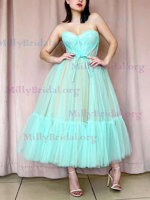 Ball Gown Sweetheart Tulle Ankle-length Prom Dresses With Bow #Milly020112198