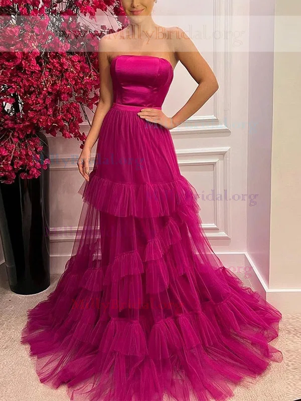 A-line Strapless Tulle Sweep Train Prom Dresses With Sashes / Ribbons #Milly020112200