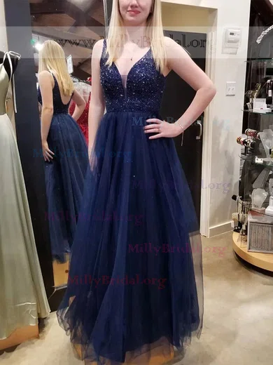 A-line V-neck Tulle Floor-length Prom Dresses With Appliques Lace #Milly020112204