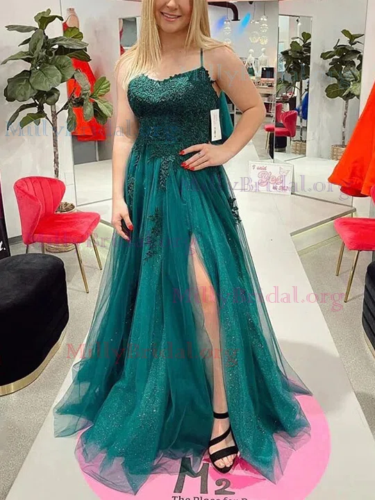 A-line Scoop Neck Lace Tulle Sweep Train Prom Dresses With Split Front #Milly020112205