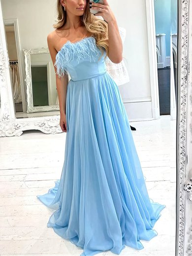 A-line Sweep Train Straight Chiffon Feathers / Fur Prom Dresses #Milly020112218