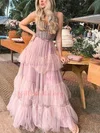 A-line V-neck Tulle Floor-length Prom Dresses With Tiered #Milly020112222