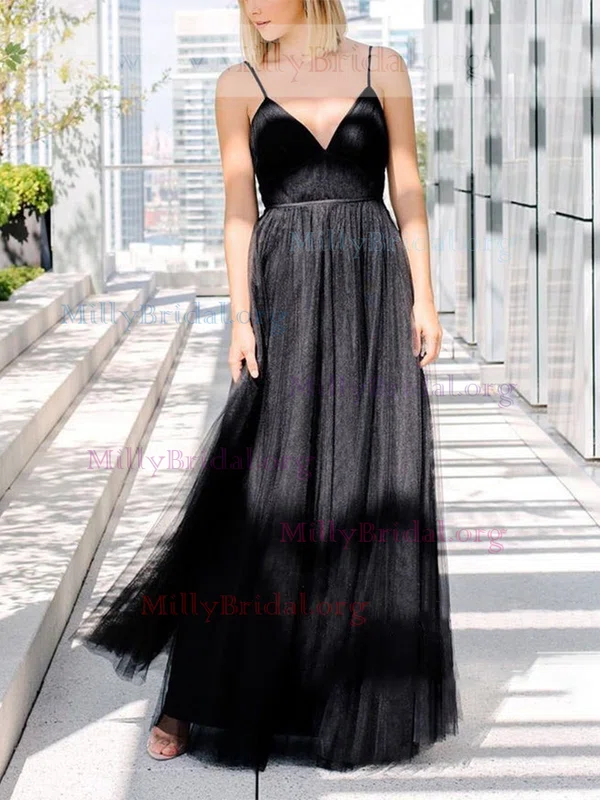 A-line V-neck Tulle Floor-length Prom Dresses #Milly020112226
