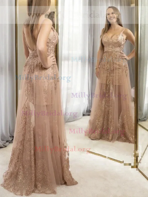 A-line V-neck Tulle Floor-length Prom Dresses With Beading #Milly020112228