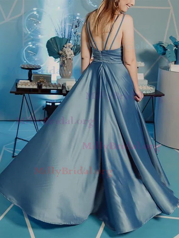 A-line V-neck Silk-like Satin Sweep Train Prom Dresses With Split Front #Milly020112233