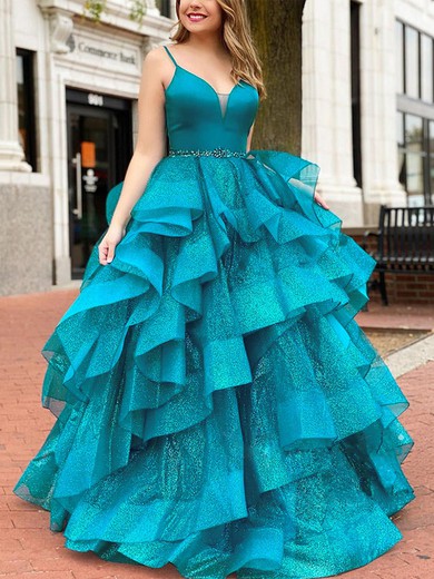 Ball Gown V-neck Glitter Floor-length Prom Dresses With Sashes / Ribbons #Milly020112235