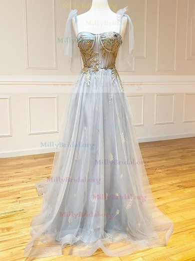 A-line Sweetheart Lace Tulle Sweep Train Prom Dresses With Appliques Lace #Milly020112237