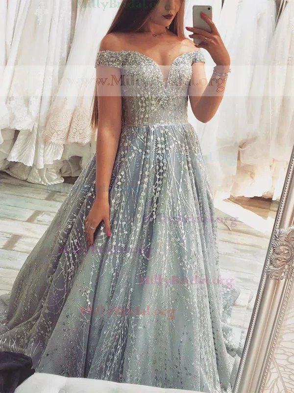 A-line Off-the-shoulder Glitter Sweep Train Prom Dresses With Beading #Milly020112239